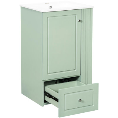 Meuble-lavabo autoportant compact de 20 po avec lavabo en céramique, armoire, porte lisse et porte-serviette en bois de pin pour salle de bain Trou de robinet simple moderne de 20 po, tiroir à fermeture en douceur, tablettes ouvertes pour petites salles de bain
