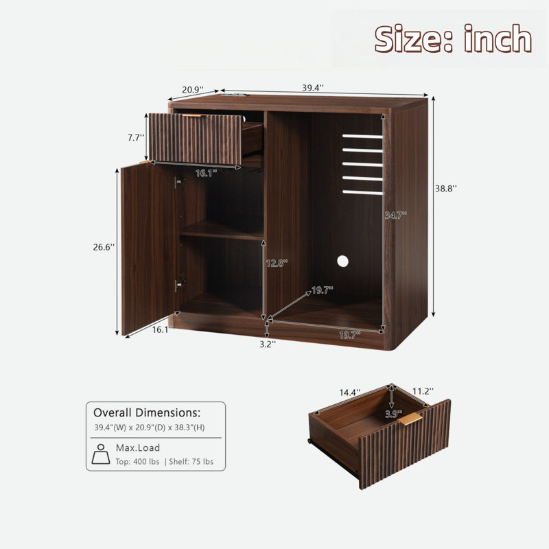 Buffet cannelé de 39,4 po avec mini-réfrigérateur, grand tiroir, armoire de rangement, tablette réglable, supports à verres à vin et prise de courant intégrée