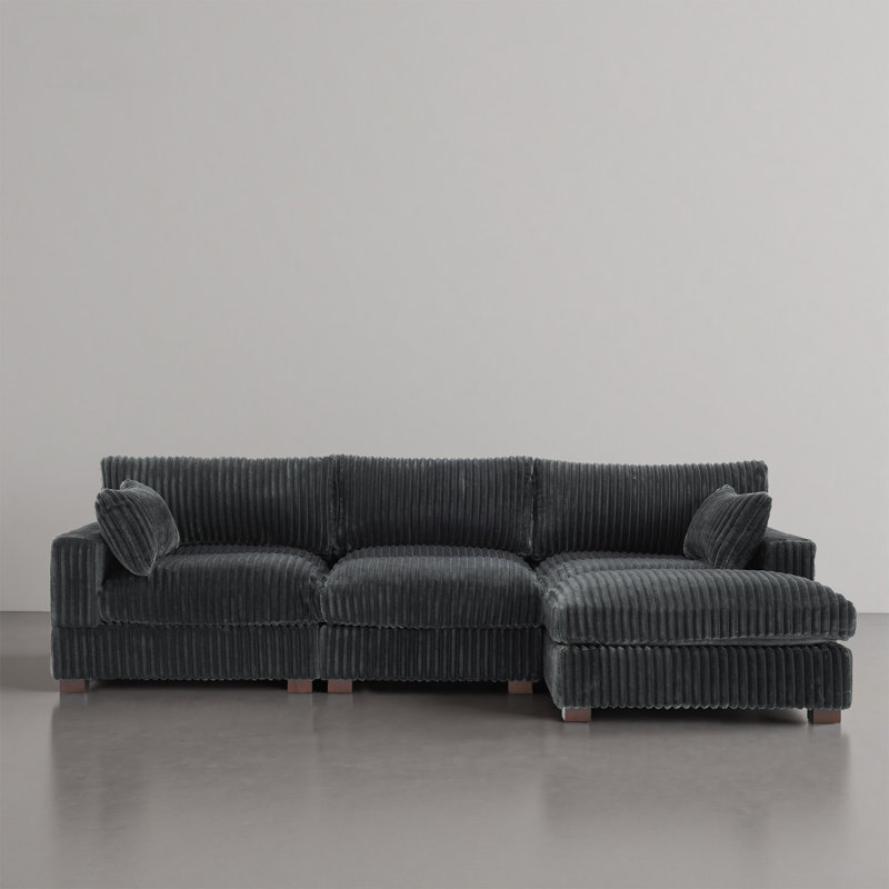 4 - Piece Upholstered Gray Faux Rabbit Fur Flannel Reversible Modular Sofa Living Room Sectional Couch with Ottoman