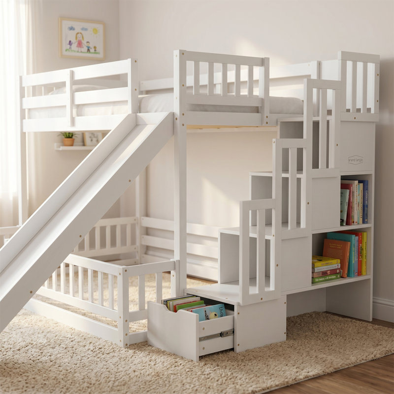 Lit superposé en pin massif avec rails de sécurité; Lit superposé blanc avec glissade et escalier de rangement, Blanc