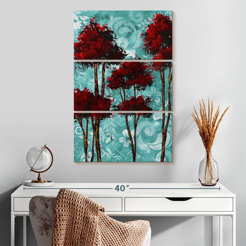 Harnek Turquoise Florals I Red Trees, 32" H x 20" W