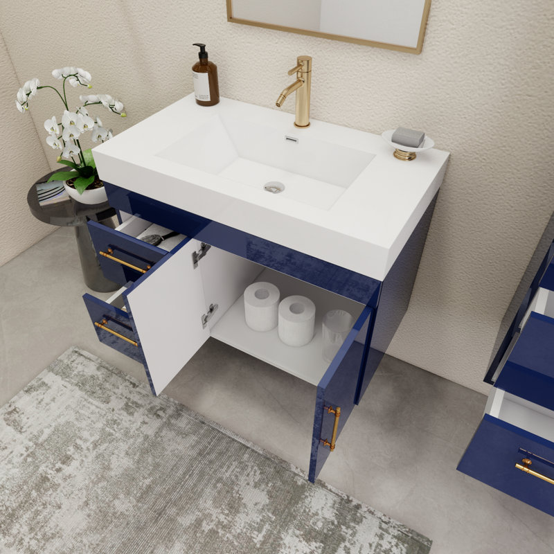 35.4" Wall-Mounted Single Bathroom Vanity Set, Night Blue