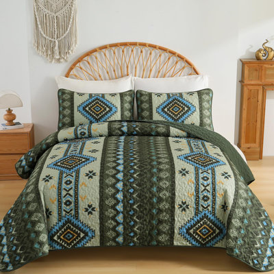 3-Piece Aztec Texture Boho Quilt Set Geometric Western Bedspread Coverlet Bed Cover with 2 Pillowcases