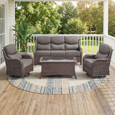 Abbey 4-Piece Wicker Patio Conversation Set With Coffee Table & 6-Inch Luxury Cushions Swivel Chairs