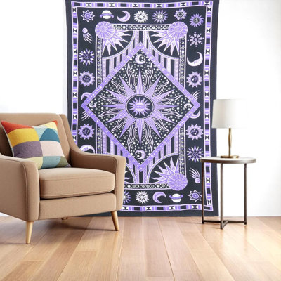 Tapisserie 80 po x 56 po mauve en coton mandala noir et blanc