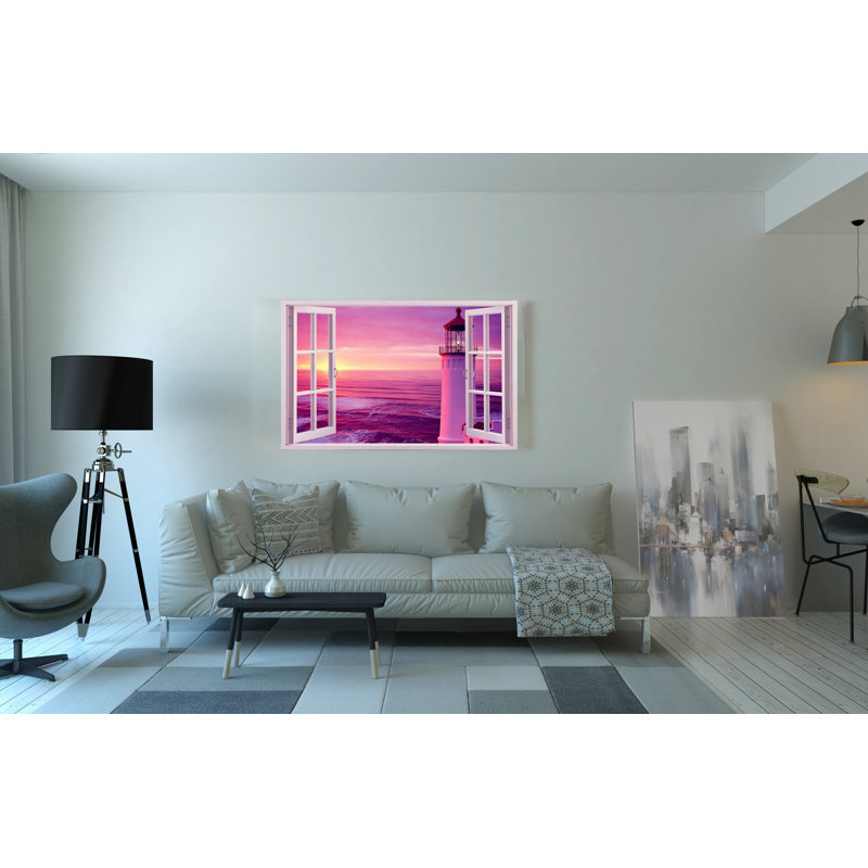 Sunset Lighthouse Through A 3d Window View - Wrapped Canvas Print