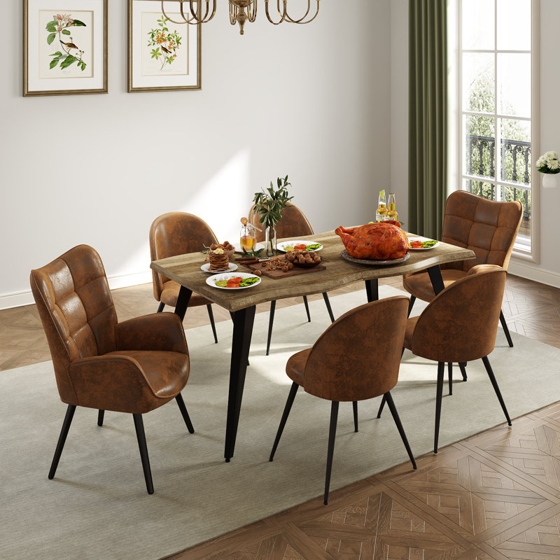 Shivani Elegant 7-Piece Dining Table Set for 6, 63" Live Edge Dining Table with Upholstered Chairs for Kitchen Dining Room