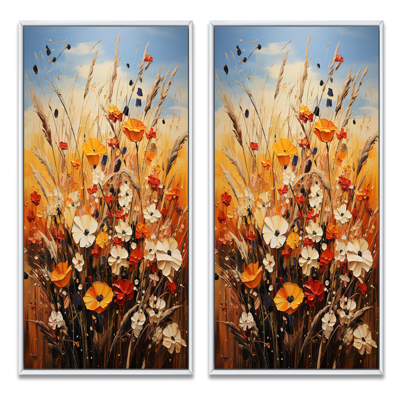 «Orange Yellow Seasonal Flowers Seasonal Collage», 2 pièces, Cadre blanc, H 32 po x l 32 po