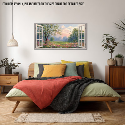 Spring Wall Art, Open Window Wall Pictures for Nature Canvas Wall Decor, Vibrant Floral Scenery Painting for Landscape Artwork Decor in Bedroom or Living Space, 24x48 inches