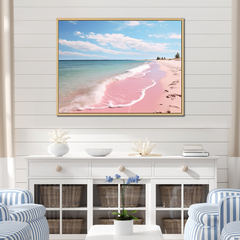 «Pink Minimalisme Beach Landscape I - Coastal Beach», art mural encadré, H 16 po x l 32 po x P 1 po, Cadre flottant érable