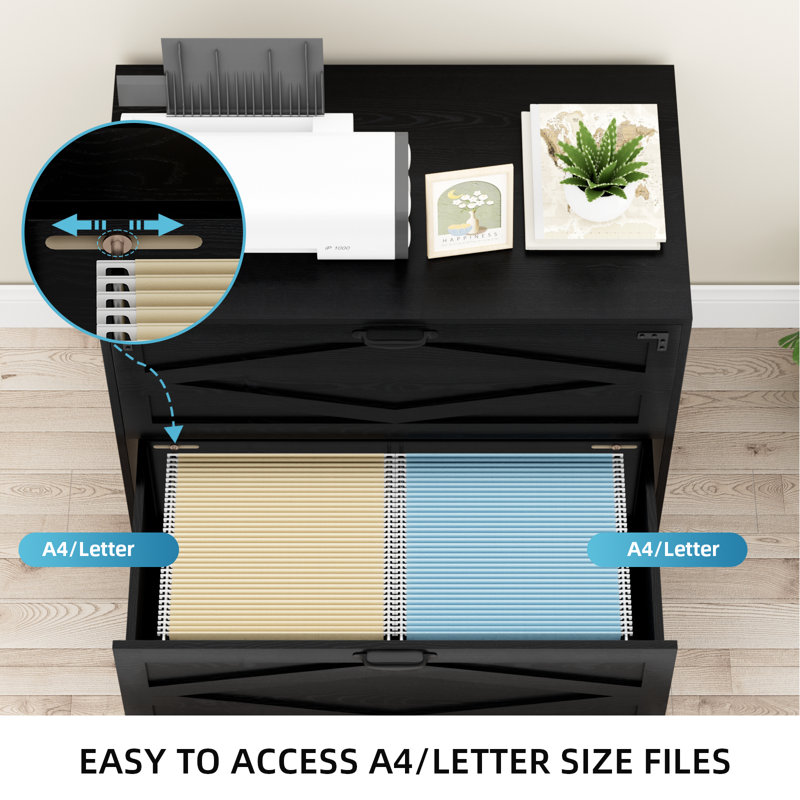 Maniram 35.43'' Wide 2 -Drawer Farmhouse Lateral File Cabinet, Wood Filing Cabinet for Home Office, Large File Storage Printer Stand for A4/Letter Size Files, with Anti-tilt Mechanism