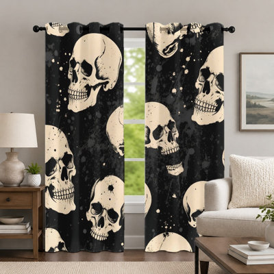 2Pcs Black and White Skull-Pattern Curtains, Gothic Style Curtain, Creative Dark Aesthetic Printed Art Grommet Drapes, Window Treatment for Bedroom Living Room Decor