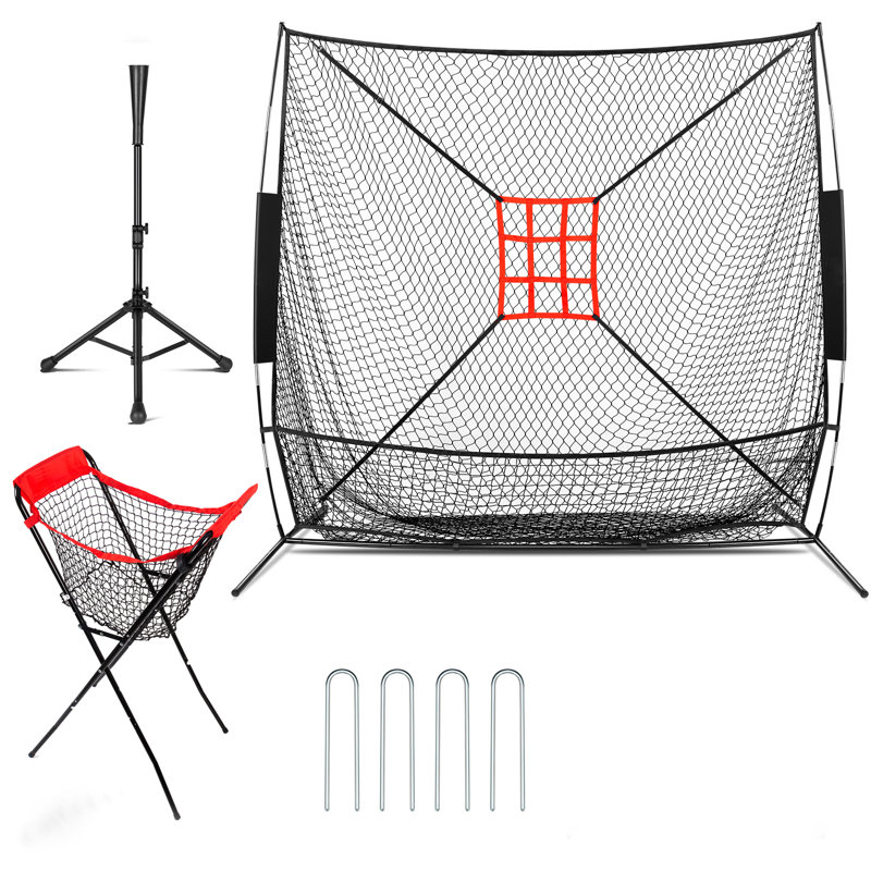 7' x 7' Baseball & Softball Practice Net with Adjustable Batting Tee and 100+ Ball Caddy