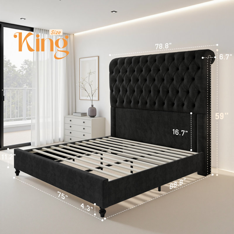 Jampier King Black Diamond-Tufted Velvet Sleigh Bed with Nailhead Trim, King, Black