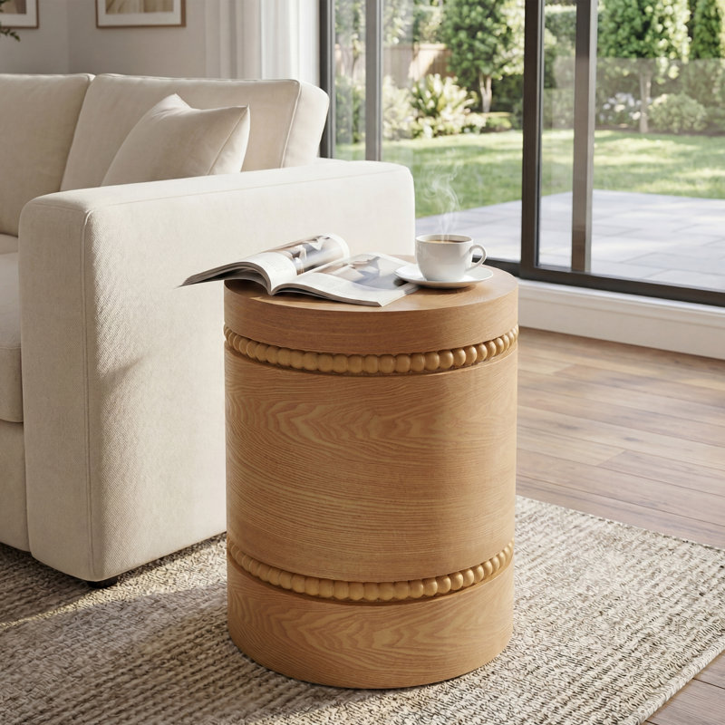 Table de bout cylindrique en bois organique avec détails perlés Norr
