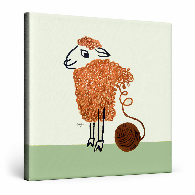 Mouton avec pelote de laine - art mural carré sur toile, 12" W x 12" H