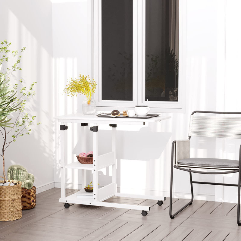 Aarah Mobile Rolling Laptop Side Table with Storage, White, White