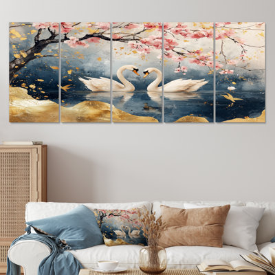 Ensemble de salon avec art cygne rose et or «Love Under Cherry Blossom V»