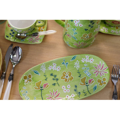 Plateau ovale en grès peint à la main Primavera, 12,6 po x 6,1 po