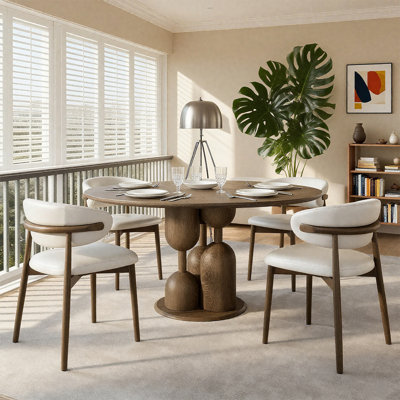 5-Piece Dining Table Set——Round Solid Wood Table & 4 Upholstered Chairs, Pre-Assembly