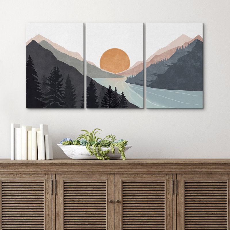 Sun Mountain Landscape Range Abstract Lake Nature Wall Art Decor Framed Canvas 3 Pieces Print Set, 24" H x 48" W x 1.5" D