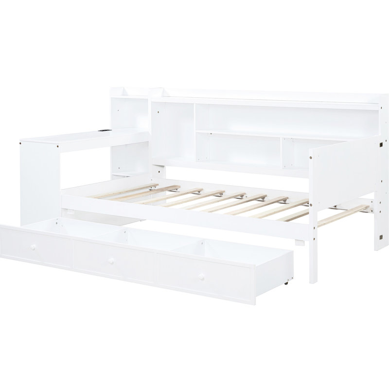 Lit de jour simple en blanc avec 3 grands tiroirs, bureau et ports - Construction en pin pour les tiroirs de détente et une chambre organisée