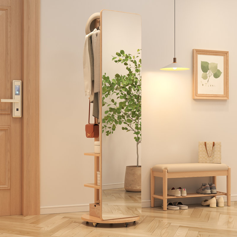 Miroir pleine grandeur en bois massif | Organisateur de hall d'entrée multifonctionnel avec support et crochets | Base et roulettes rotatives optionnelles