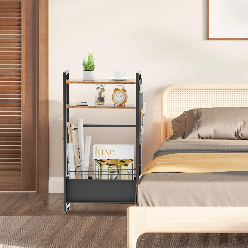 Narrow Skinny Bedside Table Nightstand With Drawers&Wheels, Slim Table Stand Magazine Rack With Storage Bag (Rustic)