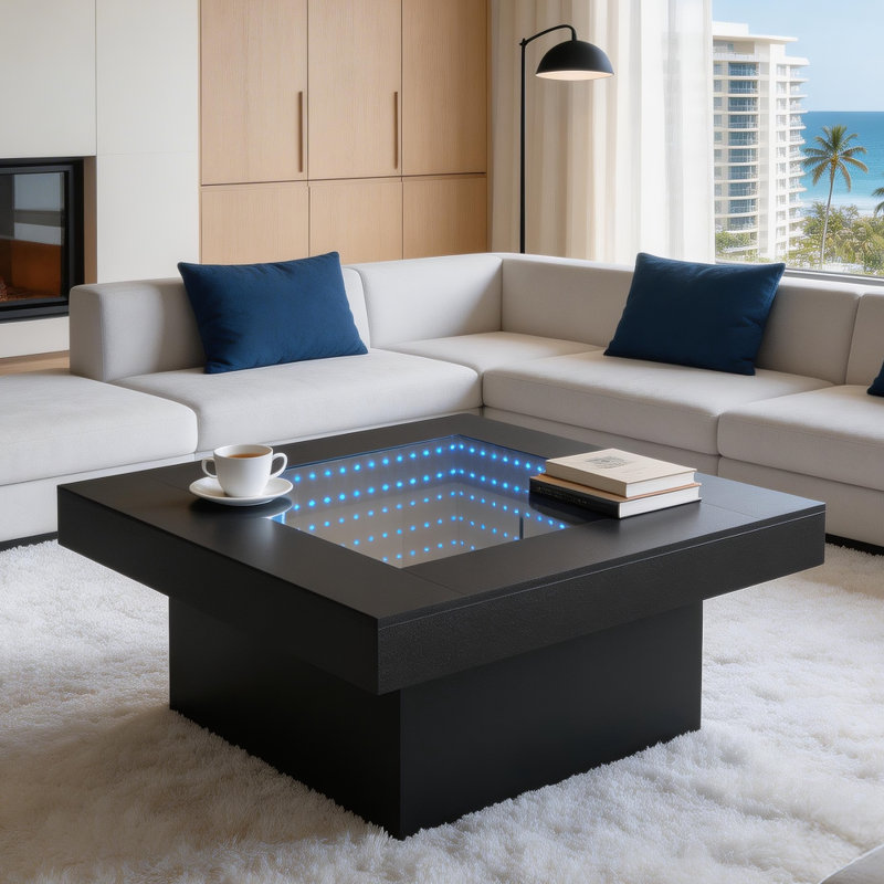 31.5'' Square Led Infinity Mirror Coffee Table With Smoked Tempered Glass Top, Rgb App & Remote Control Lighting, Hidden Display Storage, Modern Black Coffee Table For Living Room