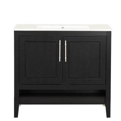 Meuble-lavabo de 36 po avec lavabo, bois massif noir et construction, système d'organisation de tiroirs fonctionnel, lavabo en céramique, style moderne, assemblage requis, portes et tiroirs, armoires,