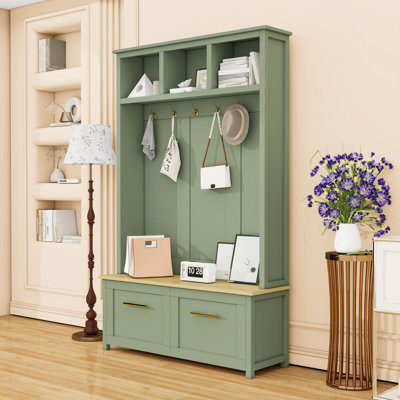 Wooden Hall Tree with Drawers, Hooks and Bench