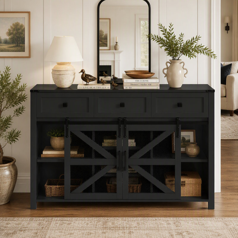 55 Inch Industrial Sliding Barn Door Sideboard Buffet Cabinet, Storage Credenza with 3 Drawers, Adjustable Shelves, Metal Mesh Door and Aluminum Handles for Dining Room, Living Room, Office