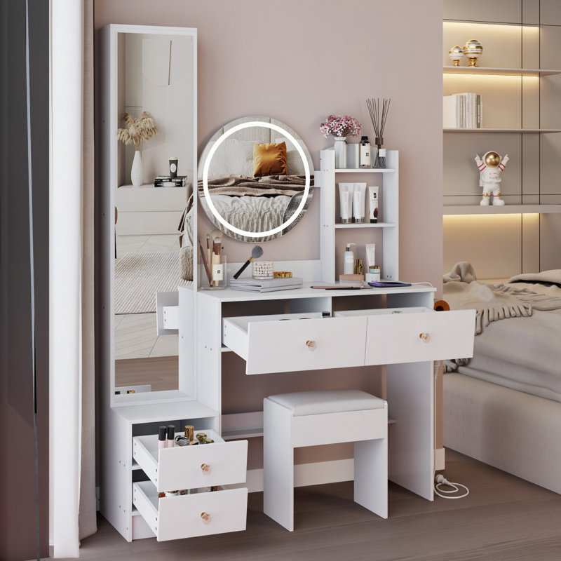 17" Round LED Lighted Vanity Table Set with Stool, Touch 3 Color Mirror, Multi-Layer Storage for Small Spaces