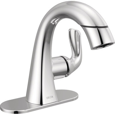 Delta Arvo Pull Down Bathroom Faucet with Sprayer, Chrome Single Hole Bathroom Sink Faucet with Pull Out Sprayer for Vanity, Metal Push-Pop Drain, Chrome
