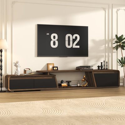 66.9-90.5''Extendable TV Stand for TVs up to 95'', Media Console with Hidden‑Handle Drawers & Open Storage Shelves, Rounded Edge Entertainment Center for Living Room, Brown Black