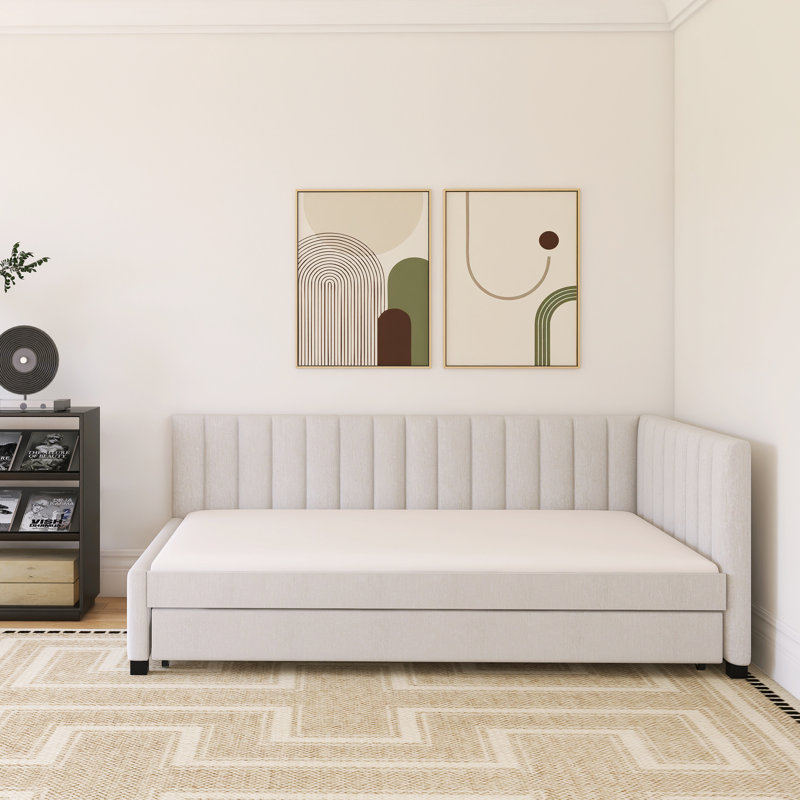 Upholstered Daybed With Trundle, Beige, Twin