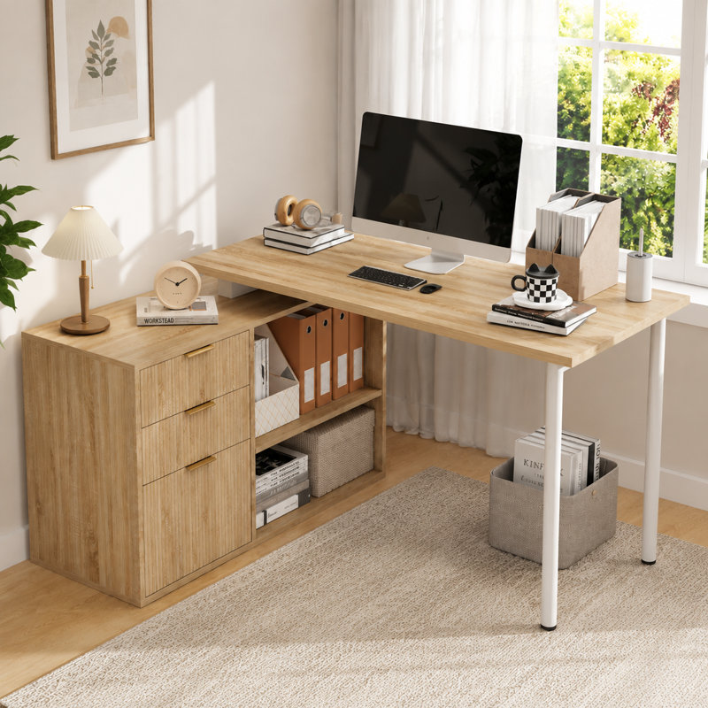 Bureau d'écriture réversible en forme de L avec tiroirs de rangement et tablettes ouvertes