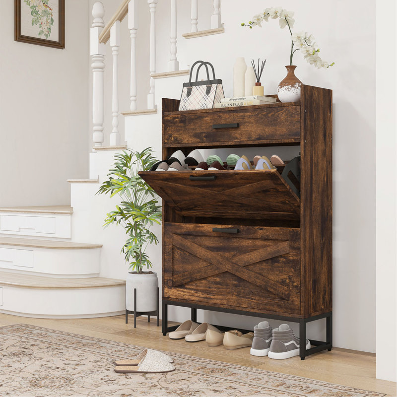 Armoire à chaussures étroite avec 2 portes rabattables et un tiroir supérieur