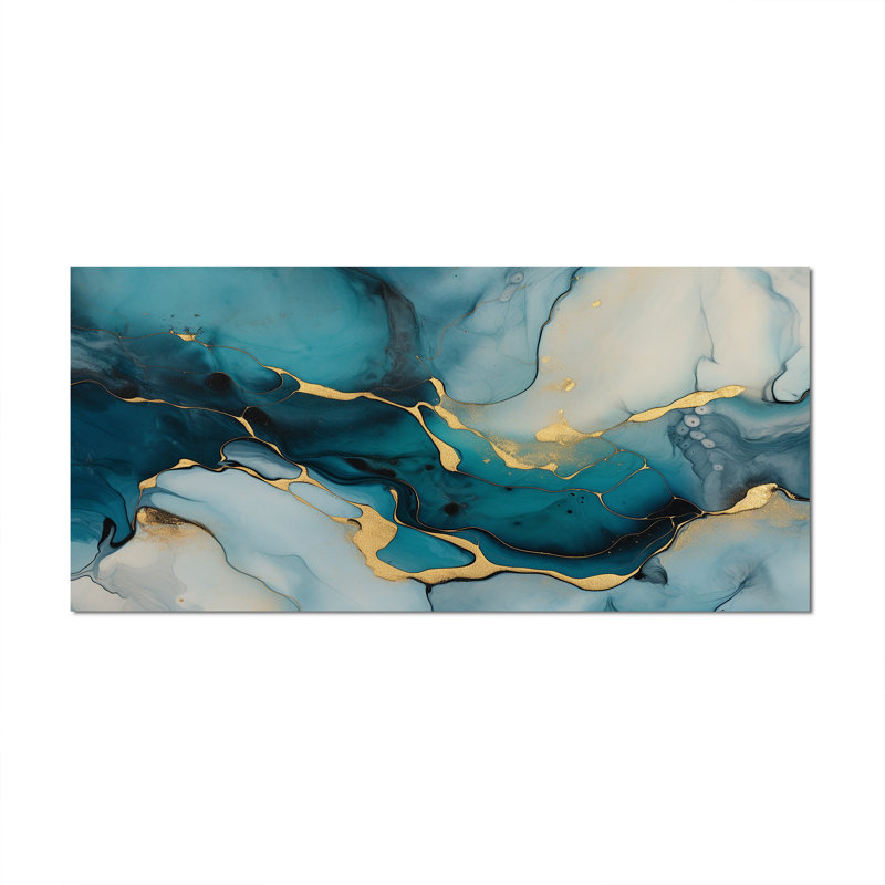 Impression sur toile encadrée turquoise or infusée IV - Fractales, Toile tendue, H 28 po x l 60 po x P 1,5 po