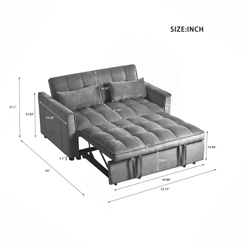 3 In 1 Convertible Sleeper Sofa Bed, Modern Pull Out Couch Bed, Adjustable Backrest, Velvet Loveseat Futon Sofa With Pillows & Pockets For Living Room Apartment