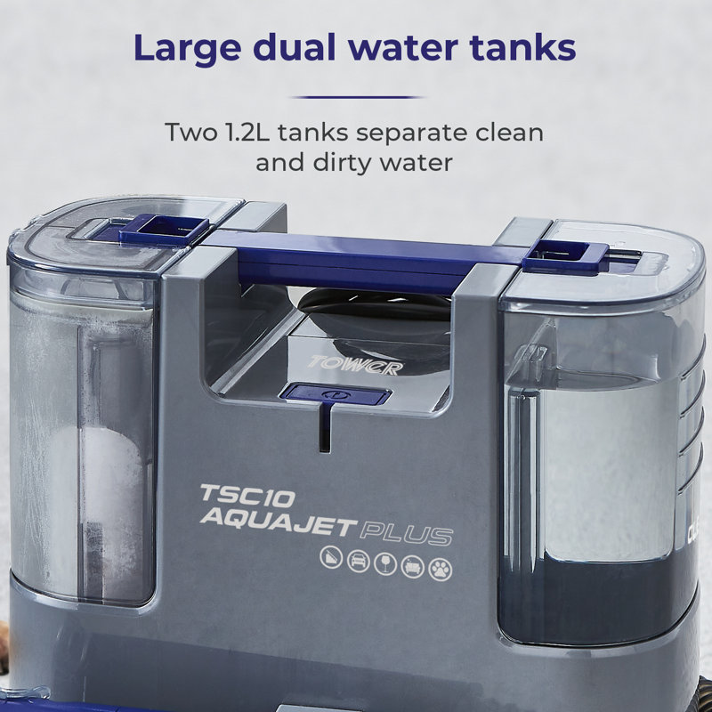 Tower T548005 AquajetPlus Spot Cleaner with Suction Nozzle & Brush, 1.2L Clean & Dirty Water Tanks, 1.2m Hose, 400W, Grey & Blue