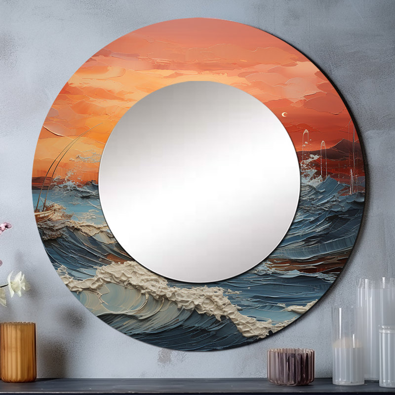 Serdar Bold Beach Sunset Scenery III - miroir côtier coucher de soleil, miroir mural rond bleu, impression sur métal