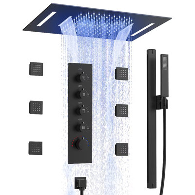 Ceiling Mount 23" LED Thermostatic Shower System with Rainfall & Waterfall, Body Jets and Handheld Spray