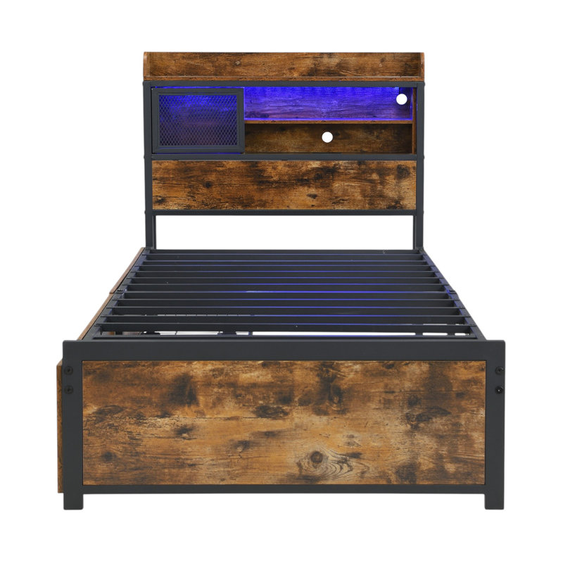Metal Bed With Led And 2 Drawers Industrial Style, European Single (90 x 200cm)