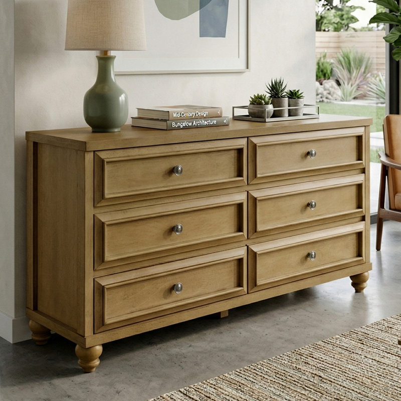 Caskey Transitional 54.8" W 6 Drawer Dresser, Antique Oak