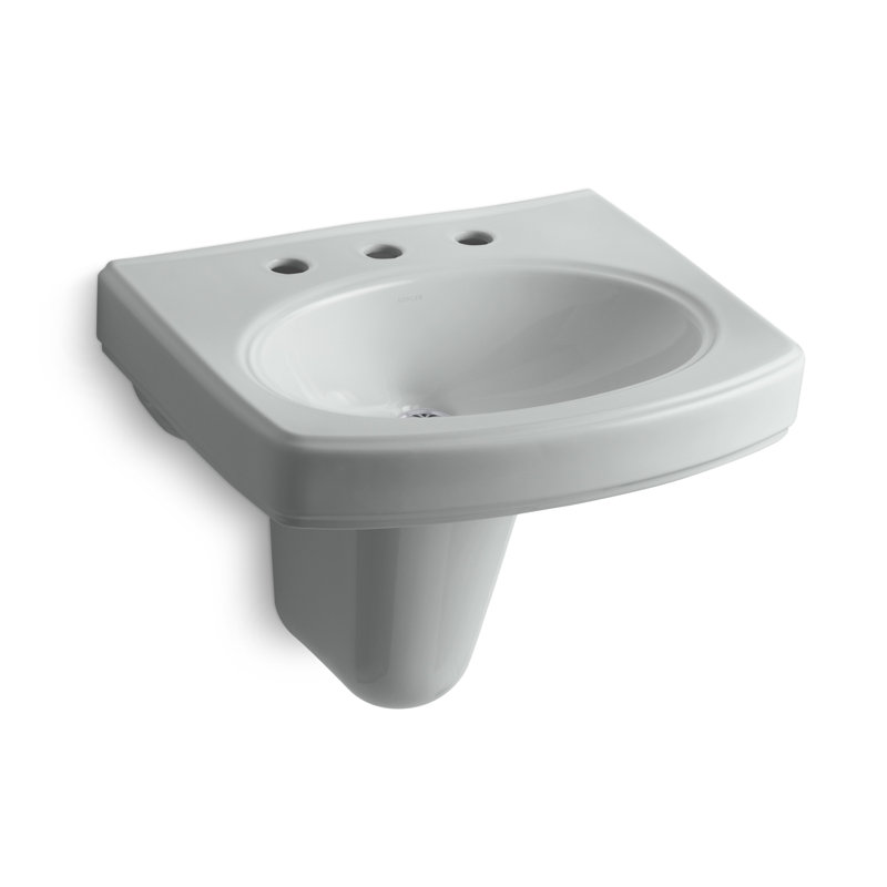 Pinoir® Vitreous China U-Shaped Semi-Pedestal Bathroom Sink with Overflow, Ice Gray, 8" Centers