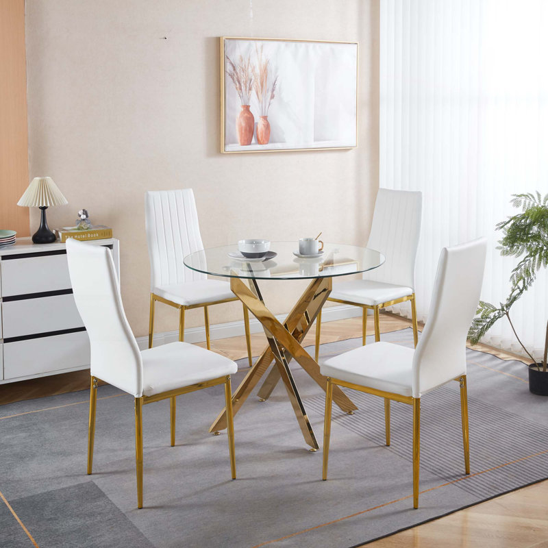 Ensemble de salle à manger 1 + 4,5 pièces, table de salle à manger à pieds en métal Mid-Century pour 4-6 personnes avec plateau en verre, table de salle à manger à piédestal, table basse de loisirs