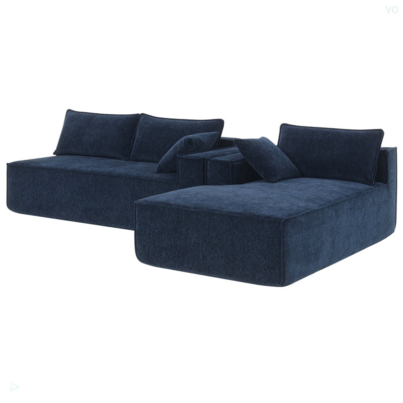 L-Shaped Chenille Sectional Sofa, Dark Blue Chenille