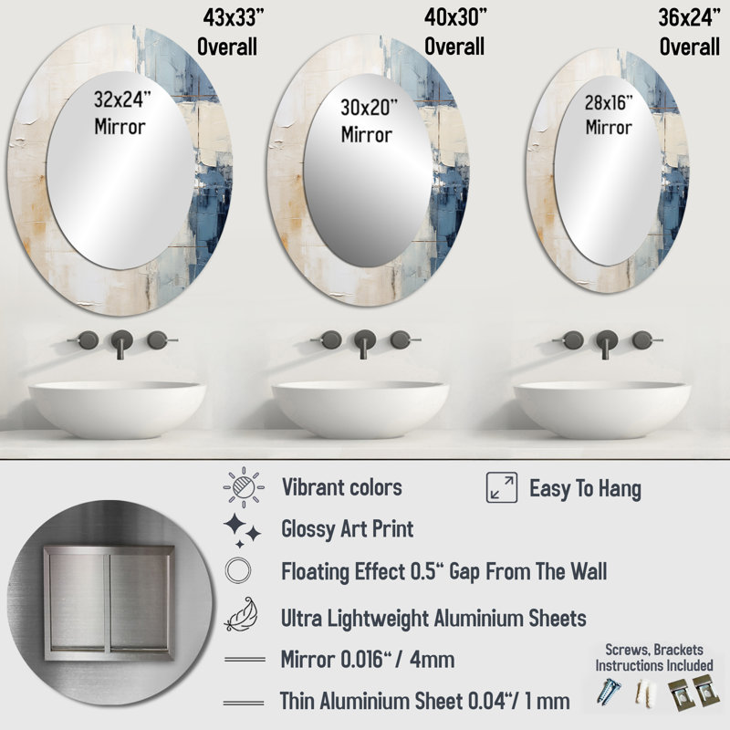 Simplicity Winter Dream - Grand miroir mural ovale sur métal, H 36 po x l 24 po