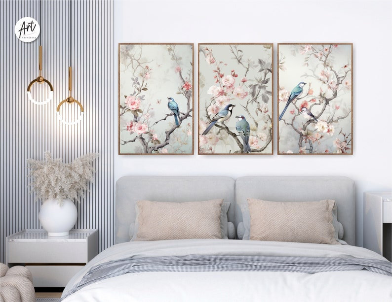 Impression de chinoiserie 3 pièces, Toile tendue, H 16 po x l 36 po x P 0,75 po